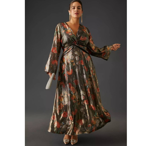 New Anthropologie Caballero Deep V-Neck Maxi Dress $248 MEDIUM Brown Motif - Picture 7 of 10
